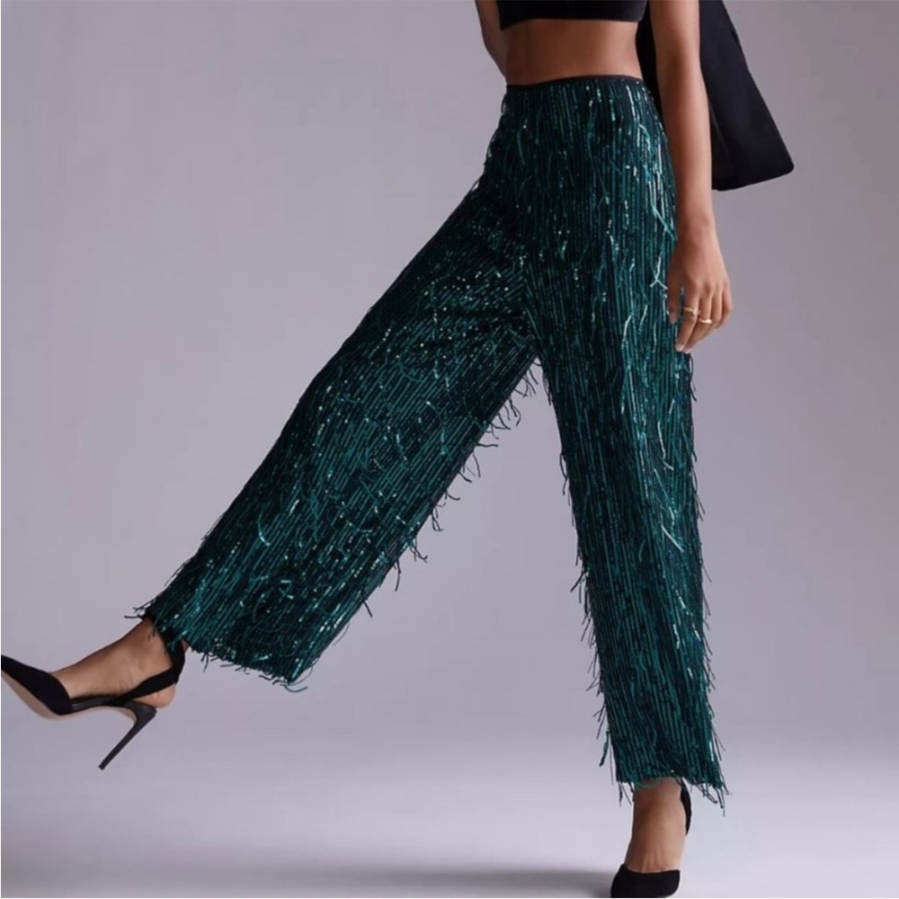 Maeve Sequined Fringed Wide-Leg Pants Size 2